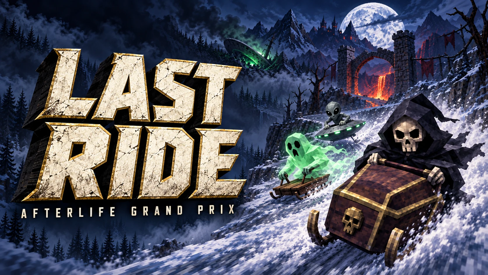 Illustrated LAST RIDE artwork: Mort, Wisp and Orb race through moonlit mountains.